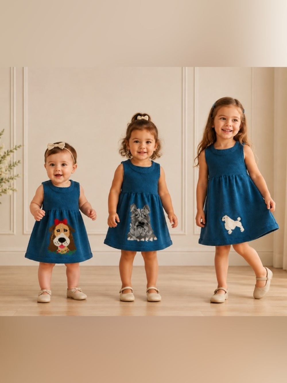 Girls Blue Dog Applique Dress Lot 3 Handmade Matching Sisters 6-12M 2T 4T